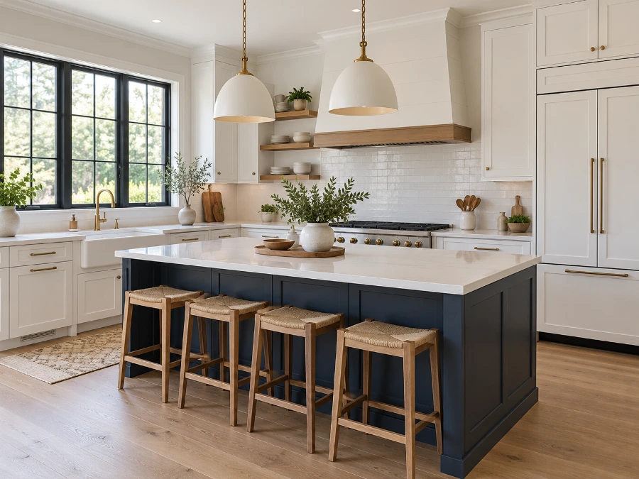 Modern kitchen with white cabinets and an island