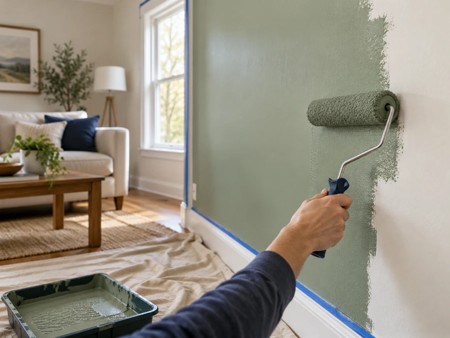 Painting an interior wall with a roller