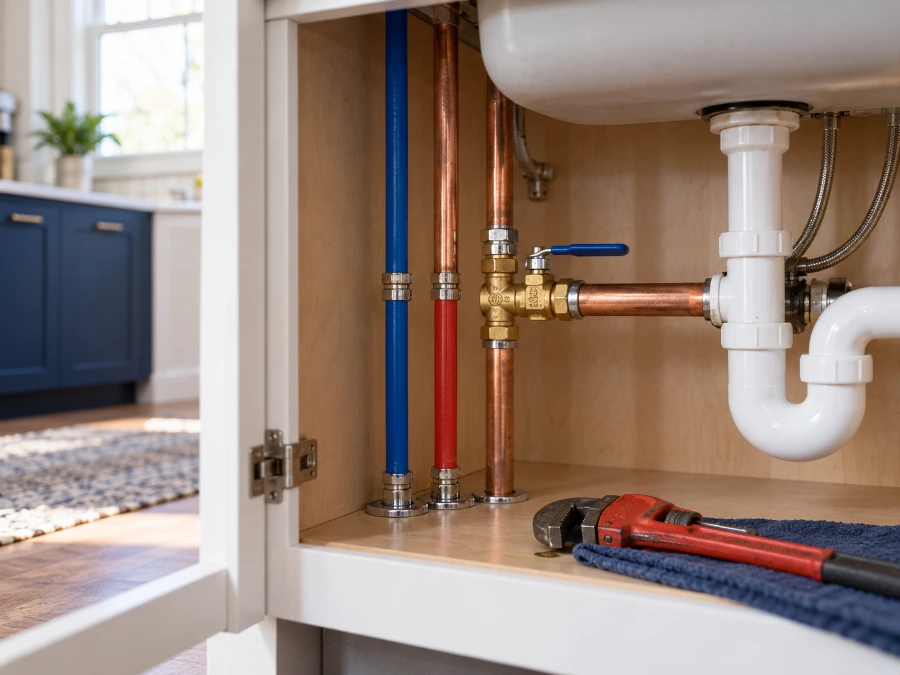 Shutoff valve and pipes under a sink