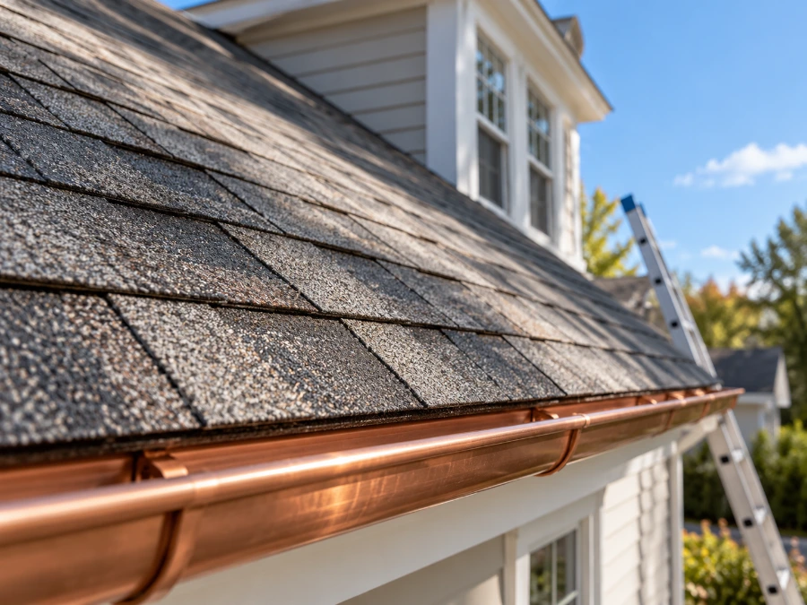 Asphalt shingle roof and gutter