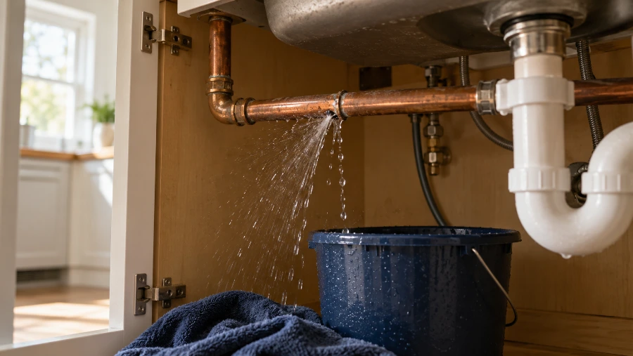 Leaking pipe under a kitchen sink